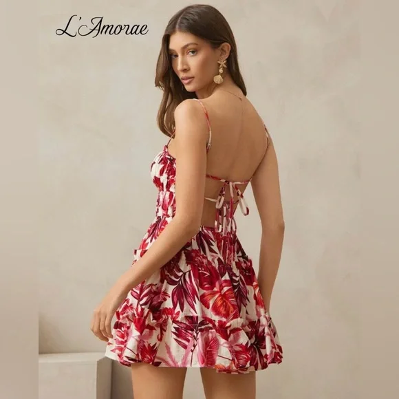 SHEIN Red Pink Cream Tropical Print Ruffle Mini Sundress Sz Medium New With Tags - Picture 4 of 11